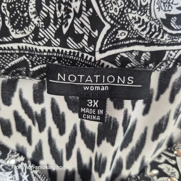 Women's NOTATIONS Plus 3X Black & White Patterned Blouse - Picture 5 of 8